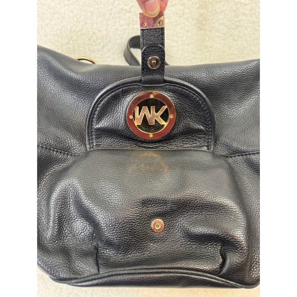Michael Kors Fulton Hobo Bag Black Pebbled Leather Gold MK Logo Shoulder Bag - Picture 11 of 14